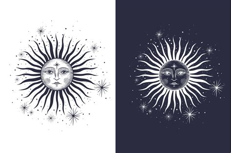 Style Engraving The Ancient Sun The Moon Tarot Card Sun And Moon