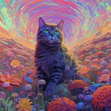 Una Pintura De Un Gato Con Ojos Verdes Y Un Arco Ris De Flores En El