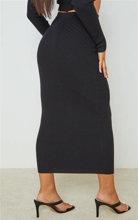 Black Ribbed Knitted Midi Skirt Knitwear Prettylittlething