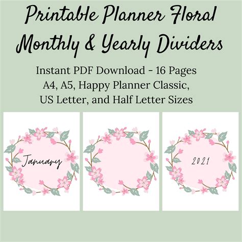 Printable Monthly And Yearly Dividers Pink Floral A5 A4 Etsy