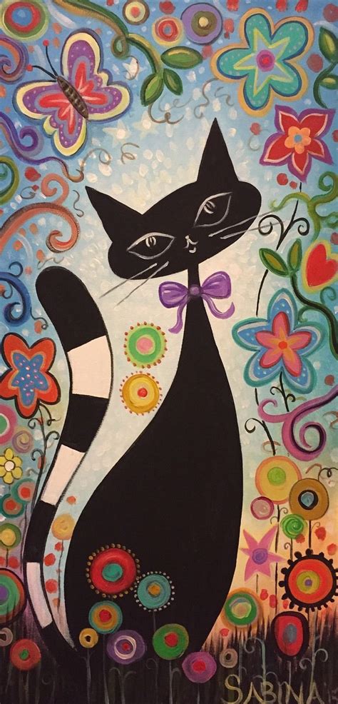 Folk Art Original Canvas Cat With Flowers Butterfly Artist Sabina Ebay Art Painting