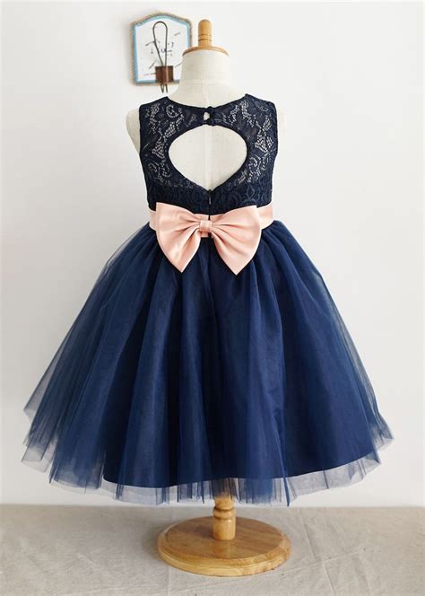 Navy Blue Lace Tulle Keyhole Back Knee Length Flower Girl Etsy Blue