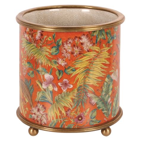 Cache Pot Rond En Porcelaine Fleurs Orange Pet Moinat SA