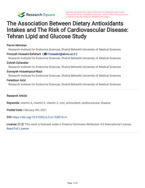 Pdf The Association Between Dietary Antioxidants Intakes And The Risk