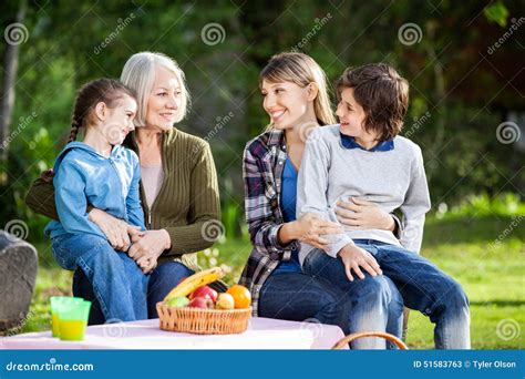 Familia Que Disfruta De Comida Campestre En Parque Imagen De Archivo