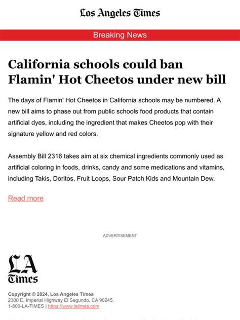 Los Angeles Times California Schools Could Ban Flamin Hot Cheetos Under New Bill Milled