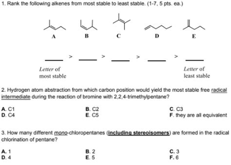 Solved Rank The Following Alkenes From Most Stable To Chegg