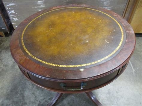 Vintage Duncan Phyfe Drum Table With Leather Top And Gold Embossing