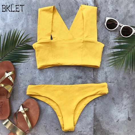 Bikini 2018 Swimsuit Lady Yellow Wide Shoulder Strap Cross Sexy Bikini Split Swimsuit Solid