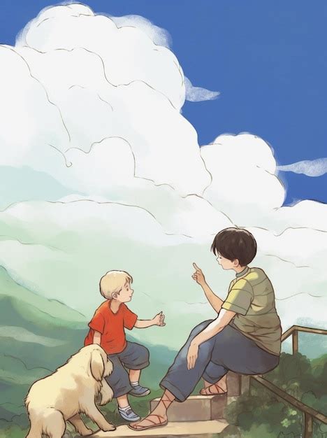 Premium Photo | A painting of a boy and a boy with a dog.