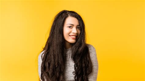 Premium Photo Portrait Of Cute Shy Brunette Girl With Long Hair Sweet Emotional Lady With