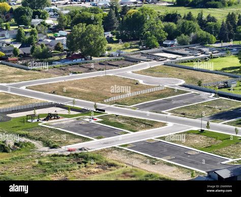 Aerial view of intersection in a small town Stock Photo - Alamy