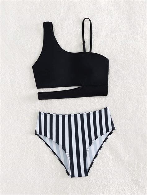 Conjunto de bikini de cuello asimétrico con corte para niña preadolescente a rayas para playa