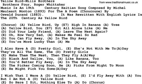 Country Music:Yellow Bird-Mills Brothers Lyrics and Chords