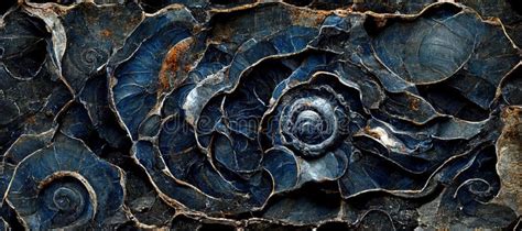 Fossilized Ammonite Sea Shell Spirals Embedded Into Dark Cobalt Blue