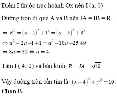 Đường tròn (C) đi qua hai điểm A(1;1); B (5; 3) và có tâm I thuộc trục hoành