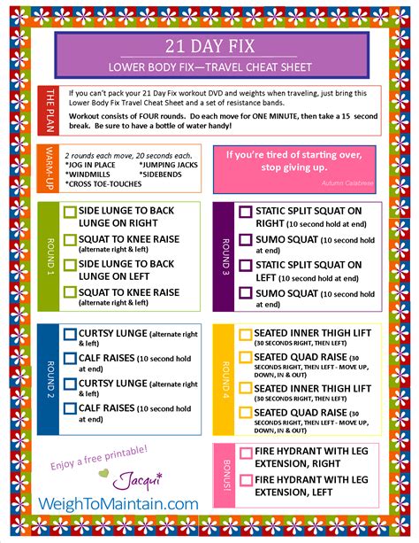 21 Day Fix Workout Lower Body Fix Printable PDF Travel Cheat Sheet