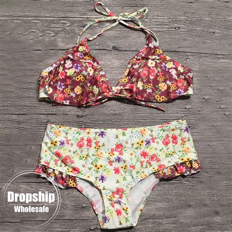 2018 Sexy Women Bikini Set Sweet Floral Print Bikinis Toplow Waist Bottom Swimwear Swimsuit