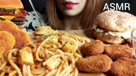 Asmr Mukbang Spaghetti Burger Nuggets With Satisfying Eating Sounds No