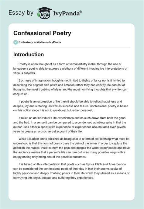 Confessional Poetry - 1137 Words | Essay Example