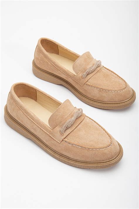 Rahat Kalıp Önü Sarmal Taşlı Kadın Nude Süet Günlük Loafer TBACR819 Tonny Black