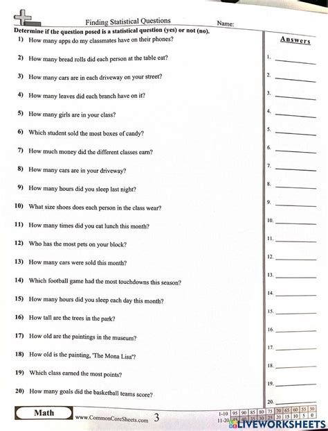 Identifying Problems In Statistical Questions B Worksheet Pdf