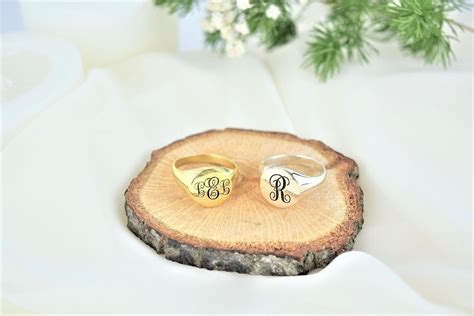 Custom Monogram Engraved Ring Initial Signet Rings, Solid Silver Personalized Monogram Letter ...