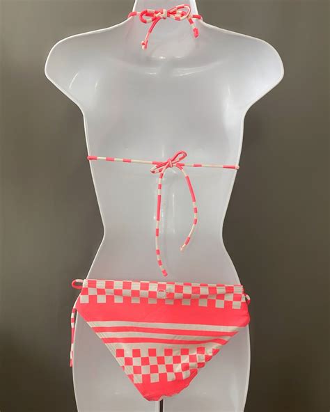 OP S S Bikini Print Neon Bright Two Piece Triangle Top Bathing Suit Vintage Womens