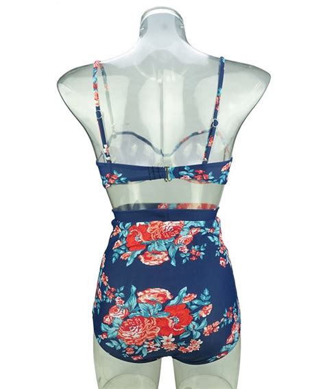 Women S Retro Floral High Waisted Bikini Set Twist Top Vintage Ruched