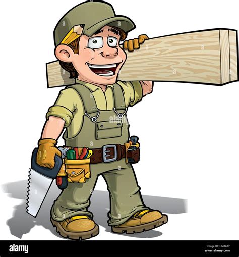 Cartoon Illustration Of A Handyman Carpenter Carrying Planks Of Wood