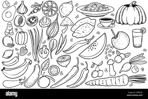 Black And White Vegetable Doodle Illustration Set Hand Drawn Sets Of