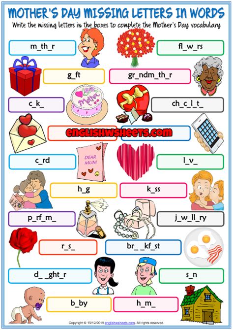 Mothers Day Esl Missing Letters In Words Worksheet