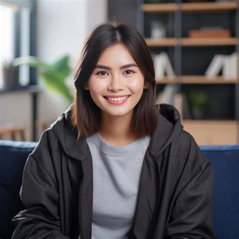 Premium Ai Image Head Shot Portrait Smiling Asian Young Woman Looking At Camera Sitting On