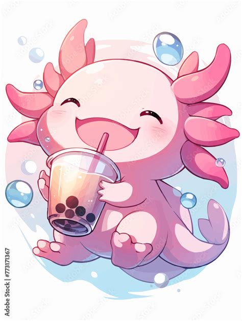 Kawaii Illustrated Axolotl Drinking Boba Tea Bubble Tea Japanese Neko