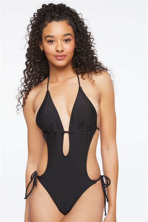 Forever 21 Plunging Halter One Piece Swimsuit Black Forever21usa