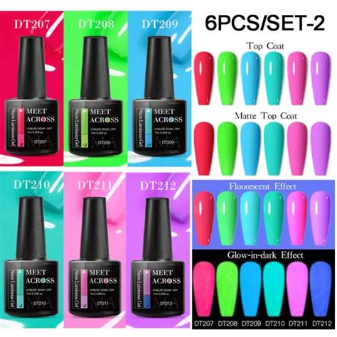 MEET ACROSS 6PC SET Fluorescent Neon Luminous Gel Soak Off UV LED Nail