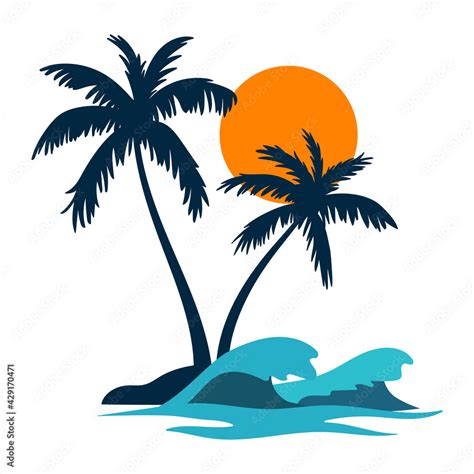 Isolated Coconut Palm Tree Sun And Wave On White Background Vector