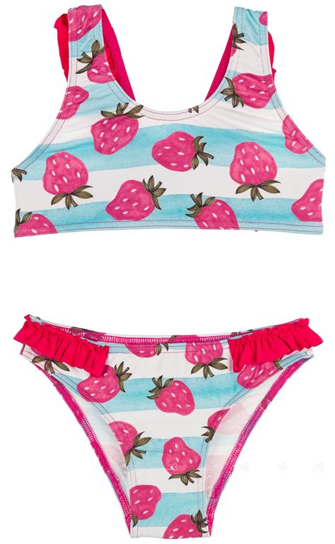 Maricruz Moda Infantil Bikini Ni A Rayas Celeste Fresas Con Volantes