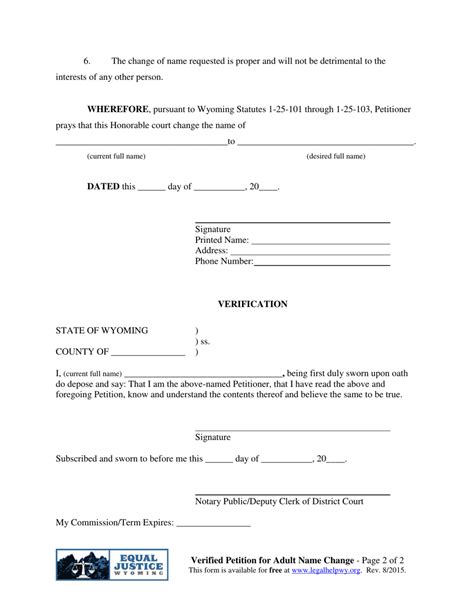 Wyoming Verified Petition For Adult Change Of Name Fill Out Sign