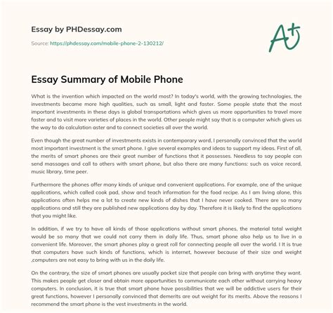 Essay Summary Of Mobile Phone 400 Words