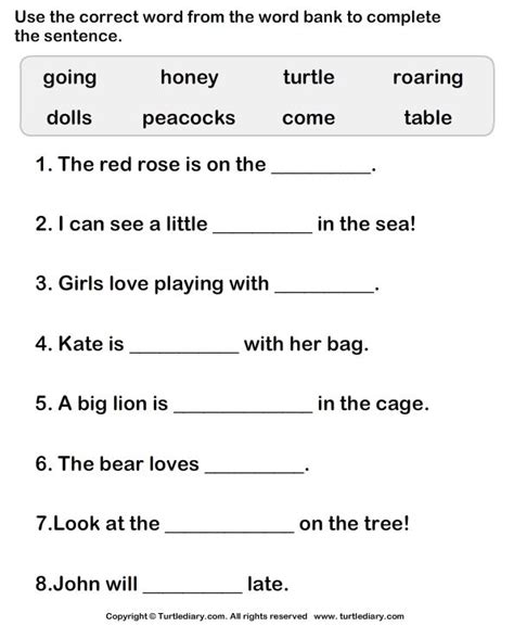 Use Words To Complete The Sentences Simple Sentences Worksheet