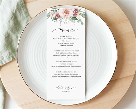 Printed Blush Floral Wedding Menus Pink Watercolor Floral Wedding