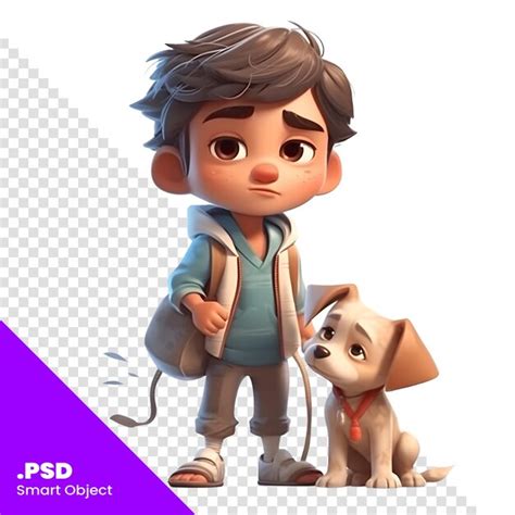 Renderização 3d de um menino um cachorro em um modelo psd de fundo