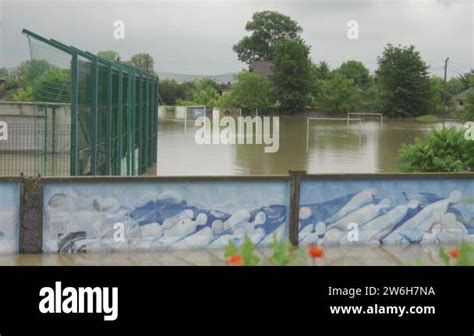 Flooded soccer field during a severe flood. From the water you can see ...