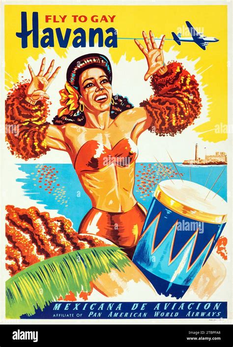 CUBA Fly To Gay Havana 1950s Mexican Travel Poster Mexicana De