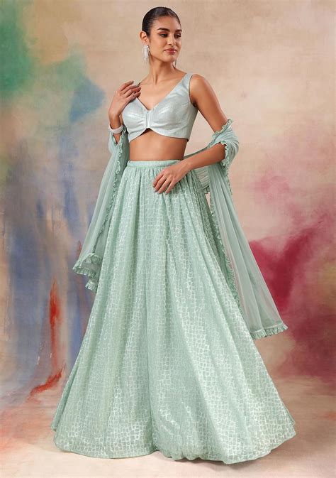 Buy Women Seafoam Pleated Lehenga Set With Sequin Embroidered Blouse