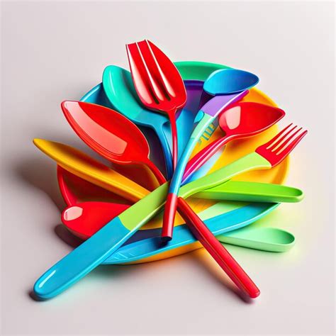 Premium Ai Image Bright Colorful Set Of Disposable Plastic Tableware