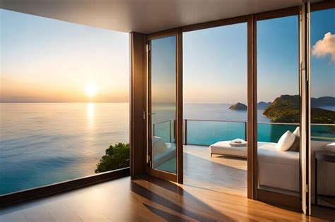 Premium AI Image | a bedroom with a view of the ocean and the ocean