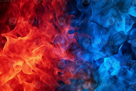 Bold red and blue flames ignite the darkness of the background. AI ...