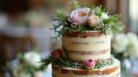 Rustic Wedding Cake Close Up Naked Cake With Fresh Flowers And Greenery Stock Illustration